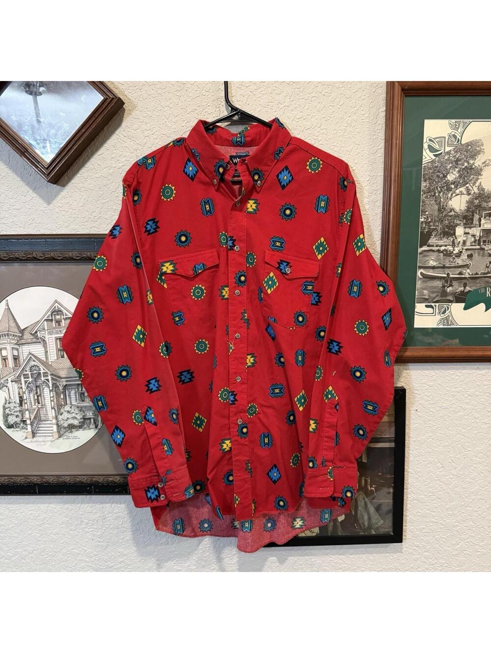 Vintage 90โs Wrangler Western Shirt Navajoโ Native Aztec Long Sleeve Menโs XL